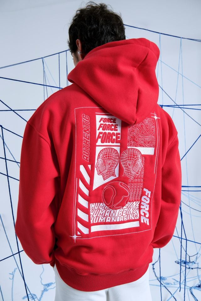 FORCE Nakışlı Unisex Oversize Kırmızı Hoodie XL