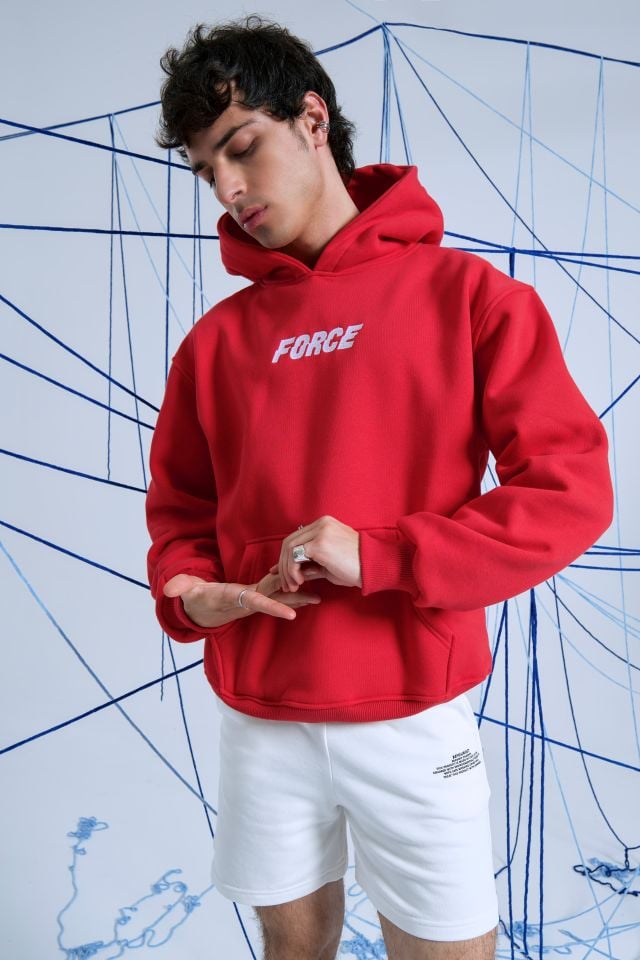 FORCE Nakışlı Unisex Oversize Kırmızı Hoodie M