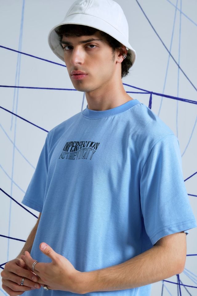 IMPERFECTION Baskılı Oversize Unisex Bebek Mavisi Tshirt XL