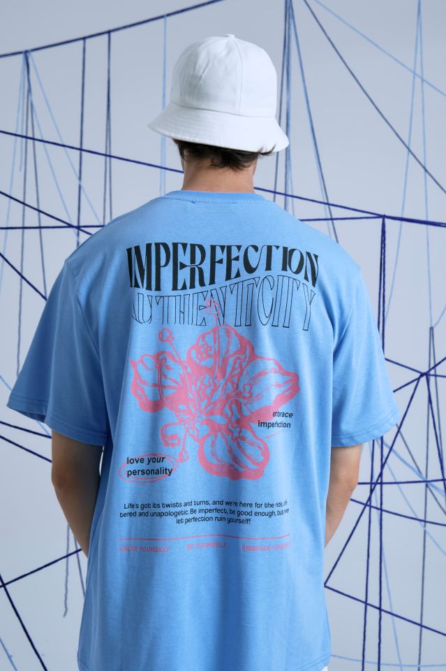 IMPERFECTION Baskılı Oversize Unisex Bebek Mavisi Tshirt XL