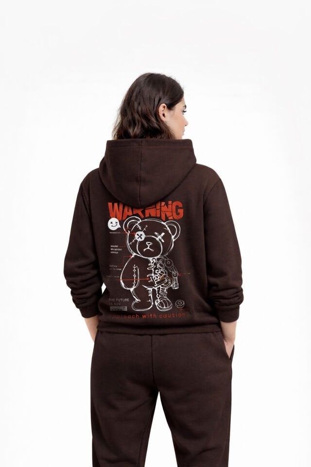 WARNING  Nakışlı Unisex Oversize Koyu Kahve Hoodie XL