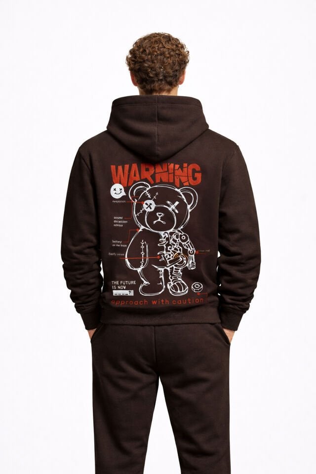 WARNING  Nakışlı Unisex Oversize Koyu Kahve Hoodie XL