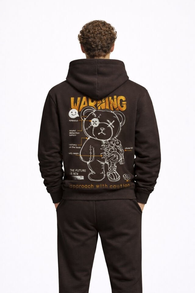 WARNING  Nakışlı Unisex Oversize Koyu Kahve Hoodie XL