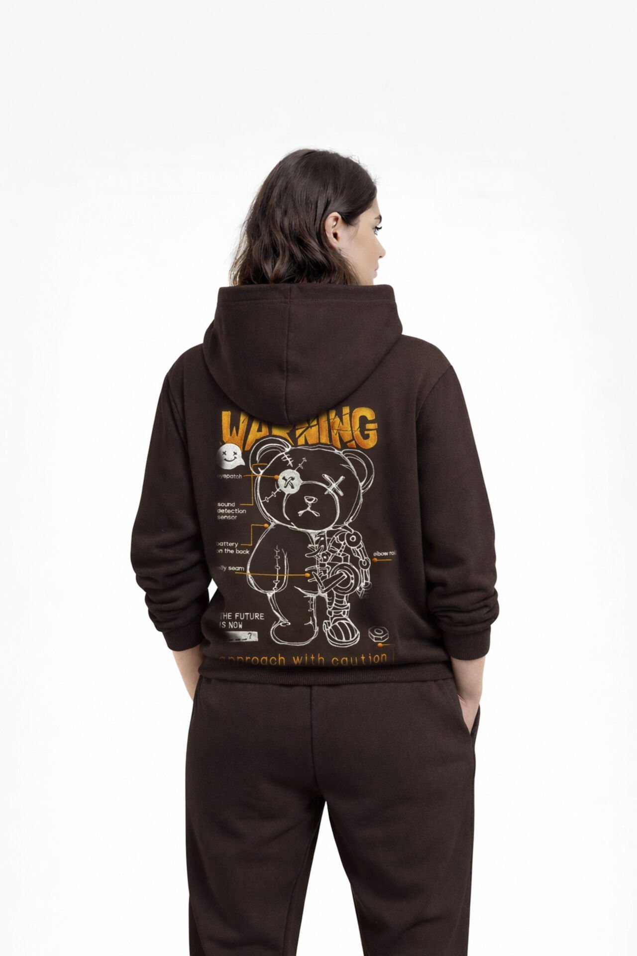 WARNING  Nakışlı Unisex Oversize Koyu Kahve Hoodie XL