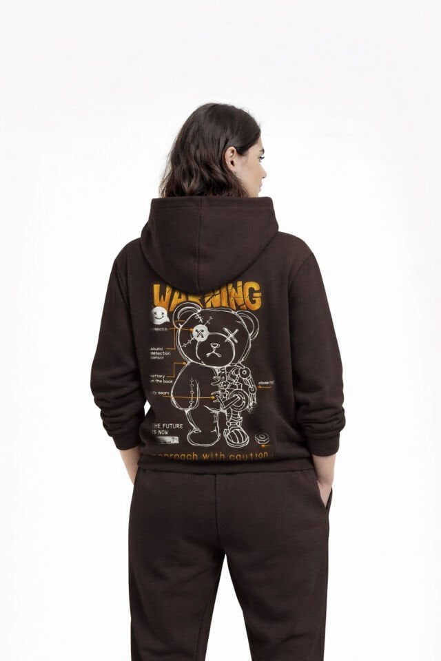 WARNING  Nakışlı Unisex Oversize Koyu Kahve Hoodie XL