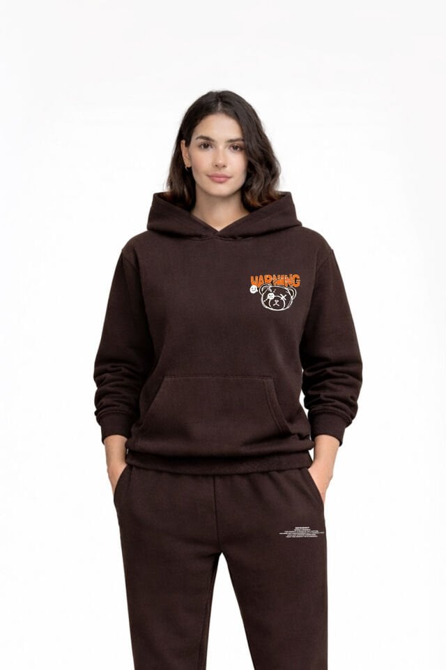 WARNING  Nakışlı Unisex Oversize Koyu Kahve Hoodie XL