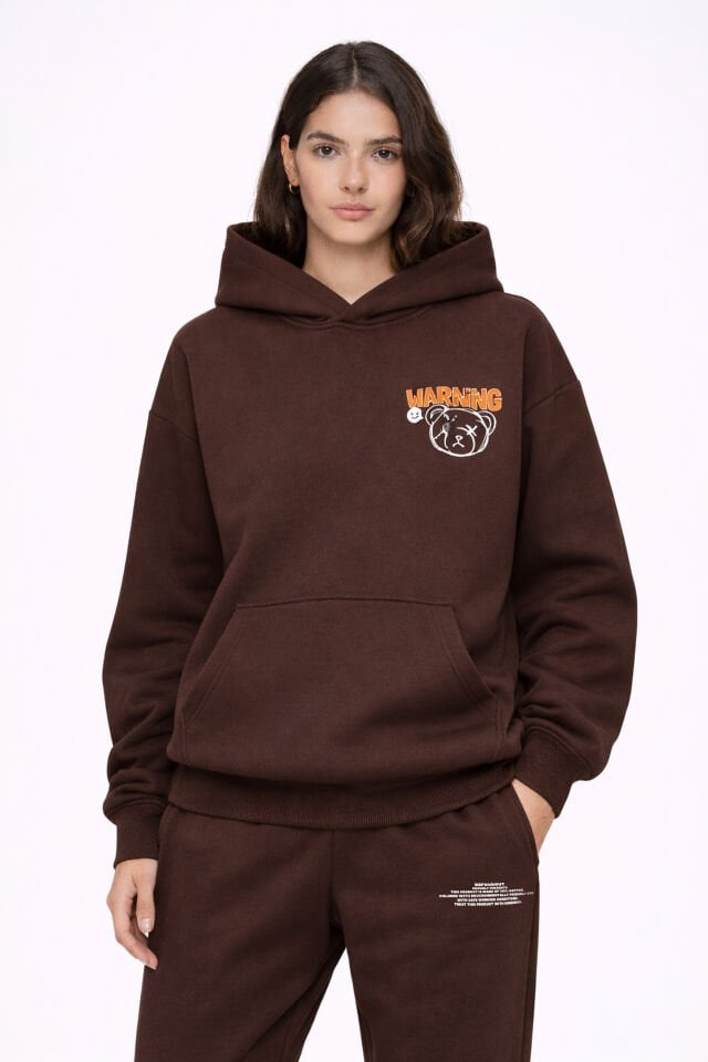 WARNING  Nakışlı Unisex Oversize Koyu Kahve Hoodie XL