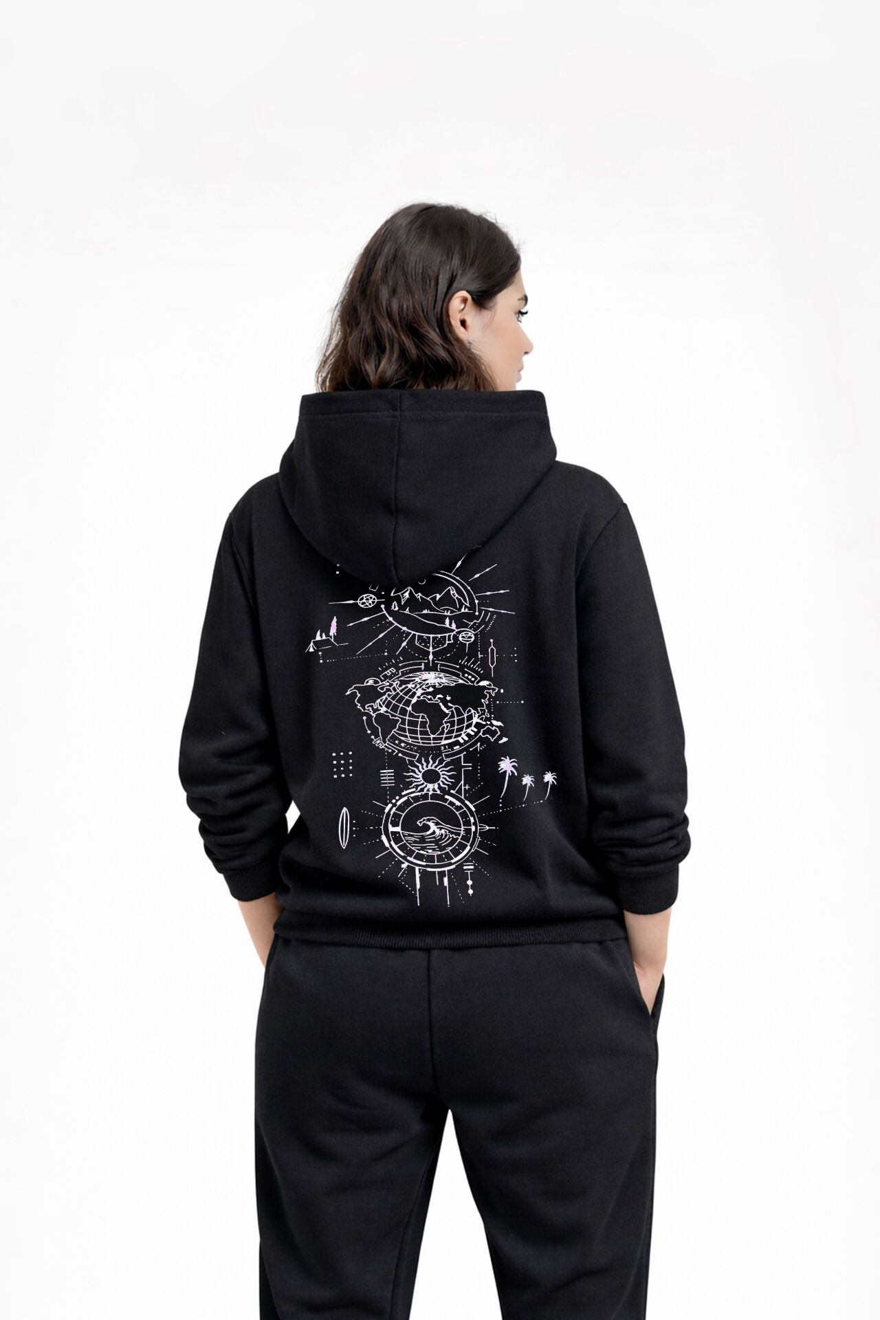 WORLD Nakışlı Unisex Oversize Siyah Hoodie M