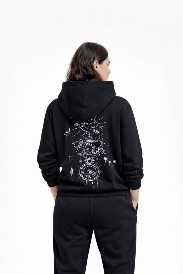 WORLD Nakışlı Unisex Oversize Siyah Hoodie M