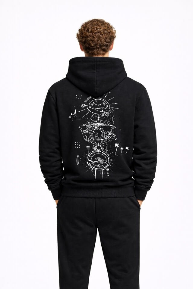 WORLD Nakışlı Unisex Oversize Siyah Hoodie S