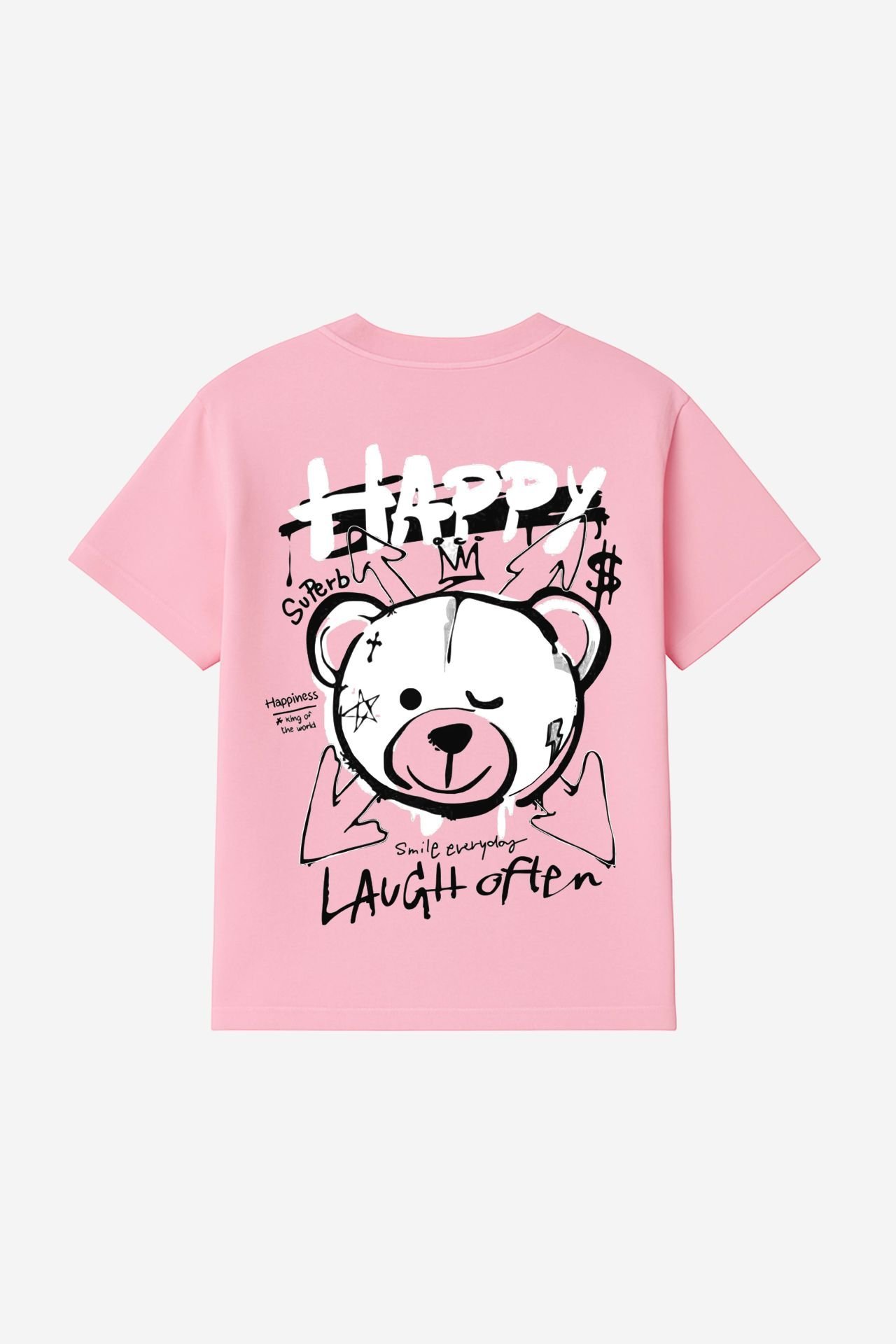 HAPPY Baskılı Oversize Unisex Pembe Tshirt XL