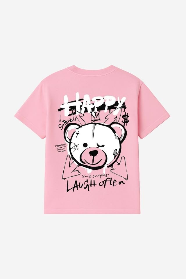 HAPPY Baskılı Oversize Unisex Pembe Tshirt XL