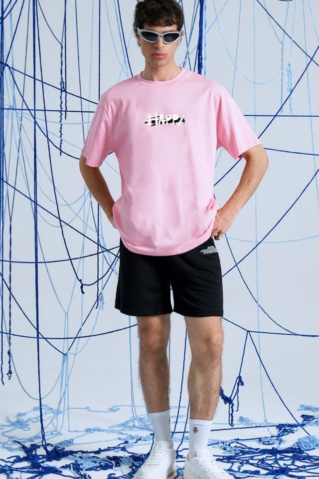 HAPPY Baskılı Oversize Unisex Pembe Tshirt XL