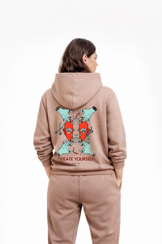 CREATE Nakışlı Unisex Oversize Sütlü Kahve Hoodie XL