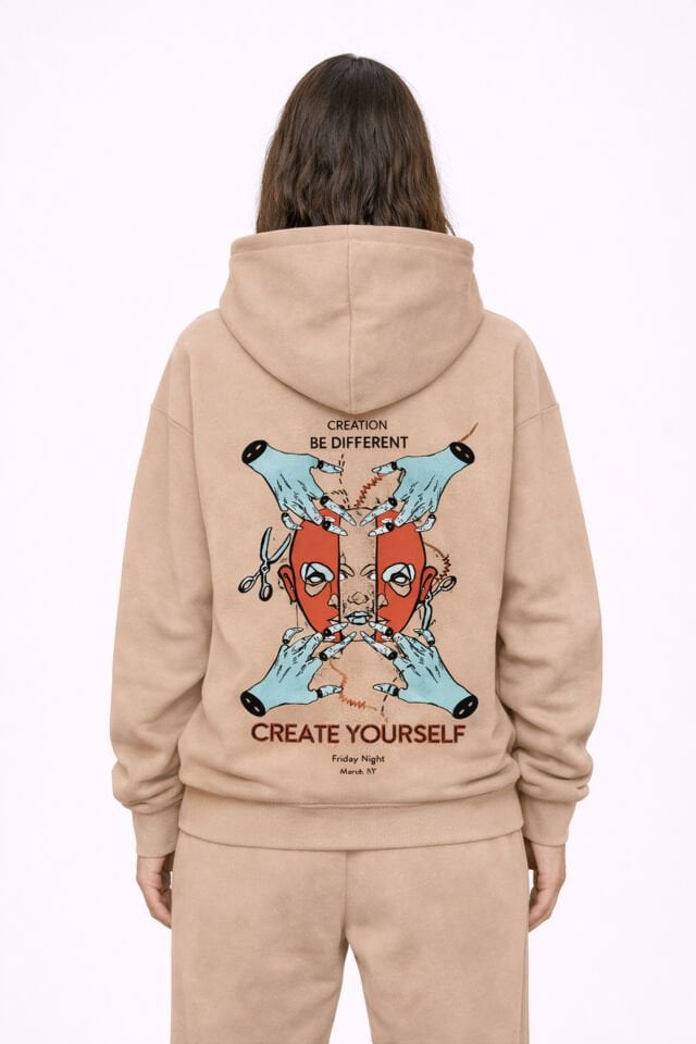 CREATE Nakışlı Unisex Oversize Sütlü Kahve Hoodie XL