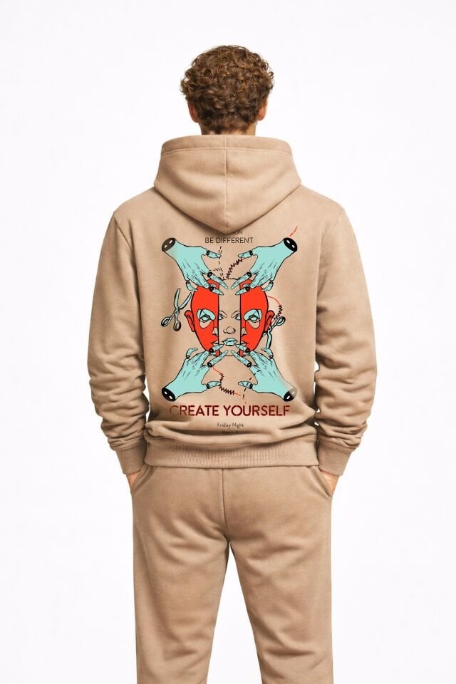 CREATE Nakışlı Unisex Oversize Sütlü Kahve Hoodie XL