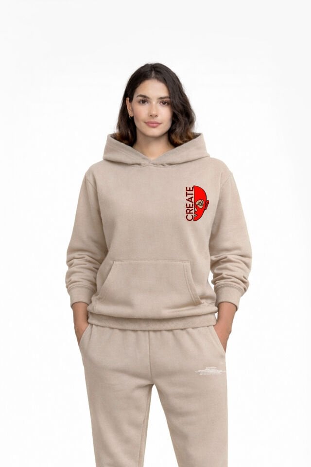 CREATE Nakışlı Unisex Oversize Sütlü Kahve Hoodie XL