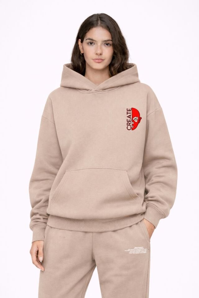 CREATE Nakışlı Unisex Oversize Sütlü Kahve Hoodie XL