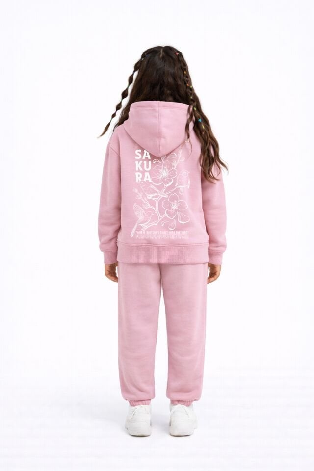 SAKURA Nakış Desenli Çocuk Pembe Hoodie 11-12 YAŞ